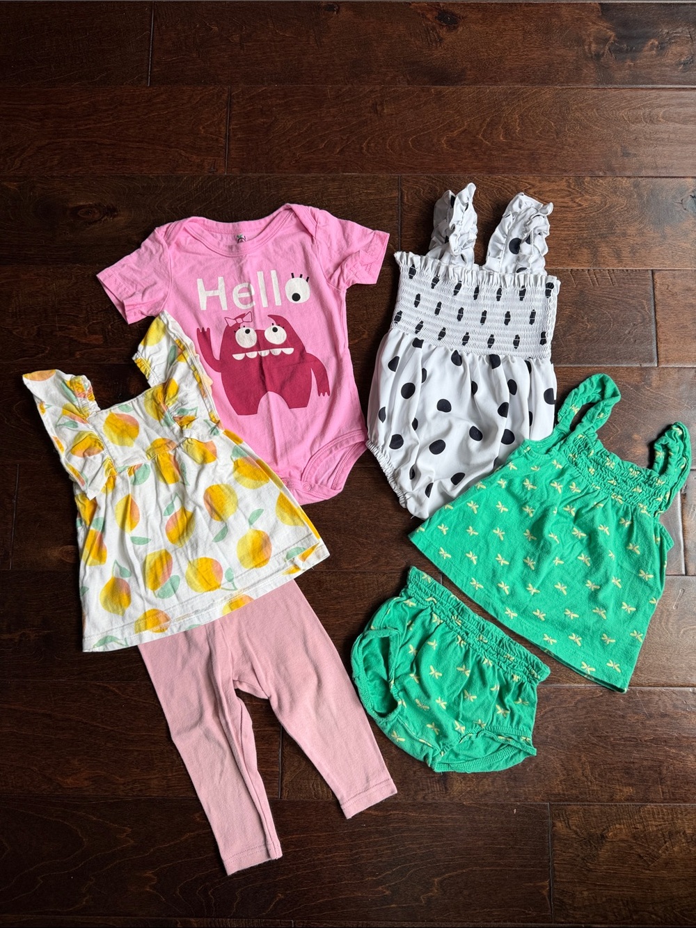 12M Mixed Baby Girl Outfit Bundle - Pink, White, Green, Yellow